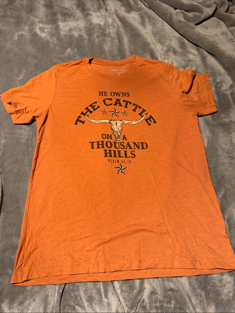 Burnt Orange Graphic Crewneck Tee with Cattle Print